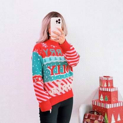 Women's Festive Knit Sweater with Creative Christmas Design R&B