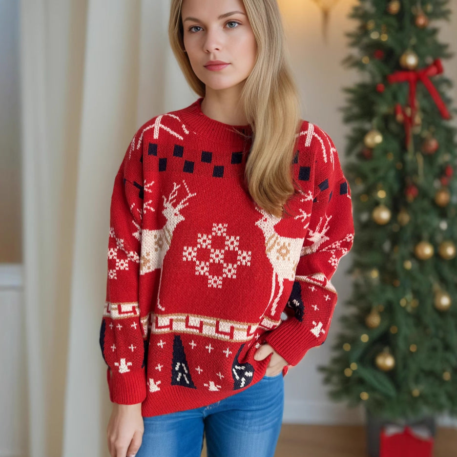 Women's Patterned Christmas Sweater with Festive Reindeer Design and Oversized Cut R&B