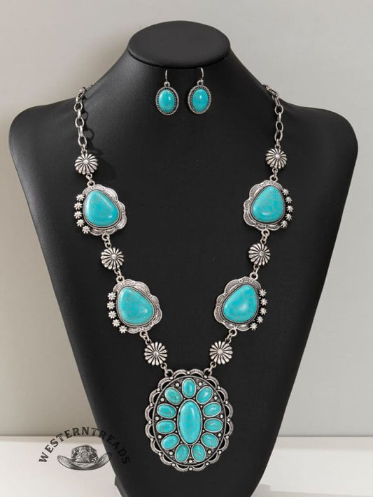 Western Style Retro Special-shaped Turquoise Necklace With Earrings Jewelry Set