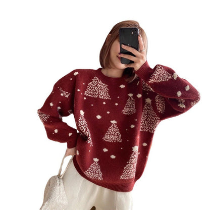 Women's Cozy Sweater with Christmas Tree Pattern