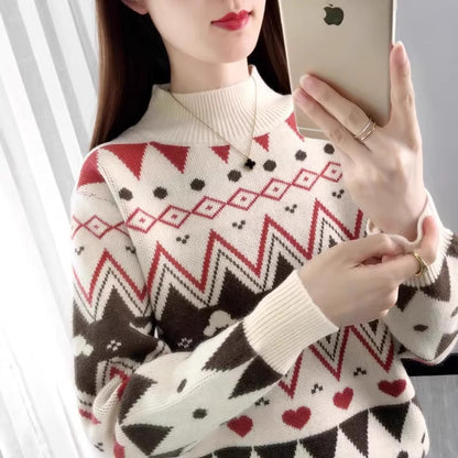 Women's Festive Knit Sweater in Modern Christmas Design with Geometric Pattern and Comfortable Crew Neck