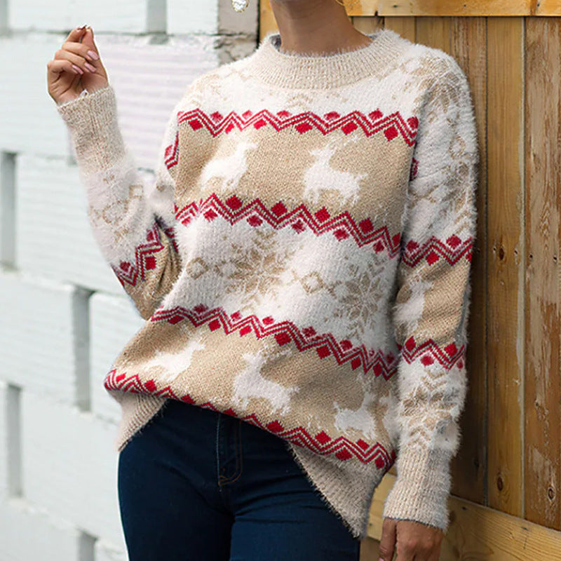 Women's Knit Sweater with Festive Reindeer and Snowflake Motif
