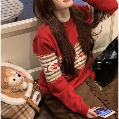 Women's Cozy Knit Sweater with Festive Pattern Mix
