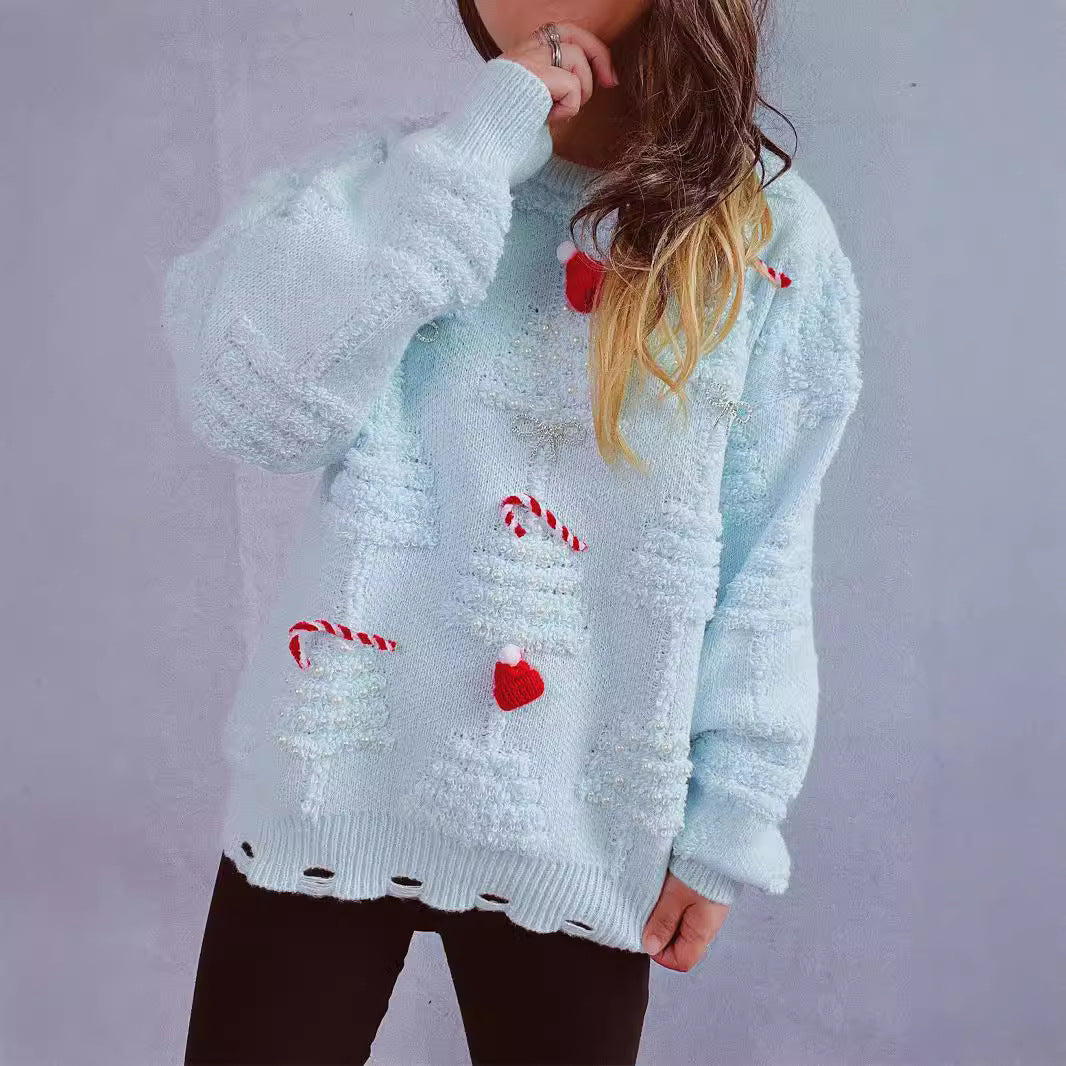 Women's Festive Sweater with Creative Christmas Motifs and Textured Design