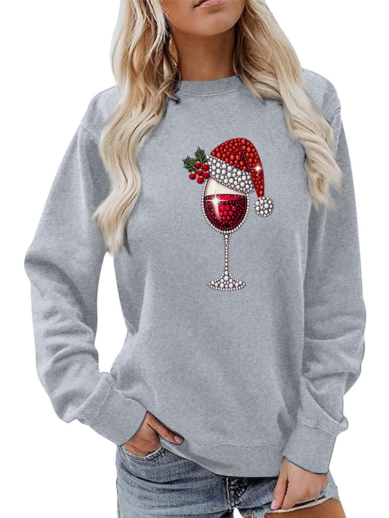 Women's Sweatshirt with Soft Lining and Festive Wine Motif