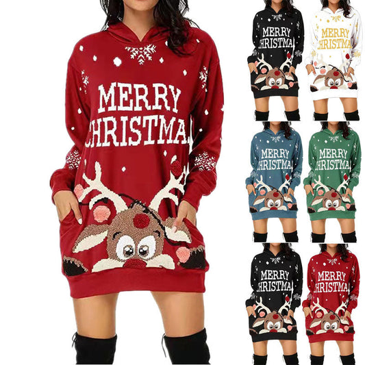 Women's Christmas Hooded Dress with Eye-Catching Reindeer Motif R&B
