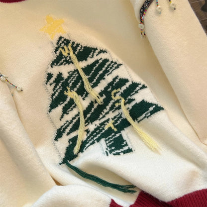 Women's Festive Knit Sweater with Fir Tree Motif and Playful Accents