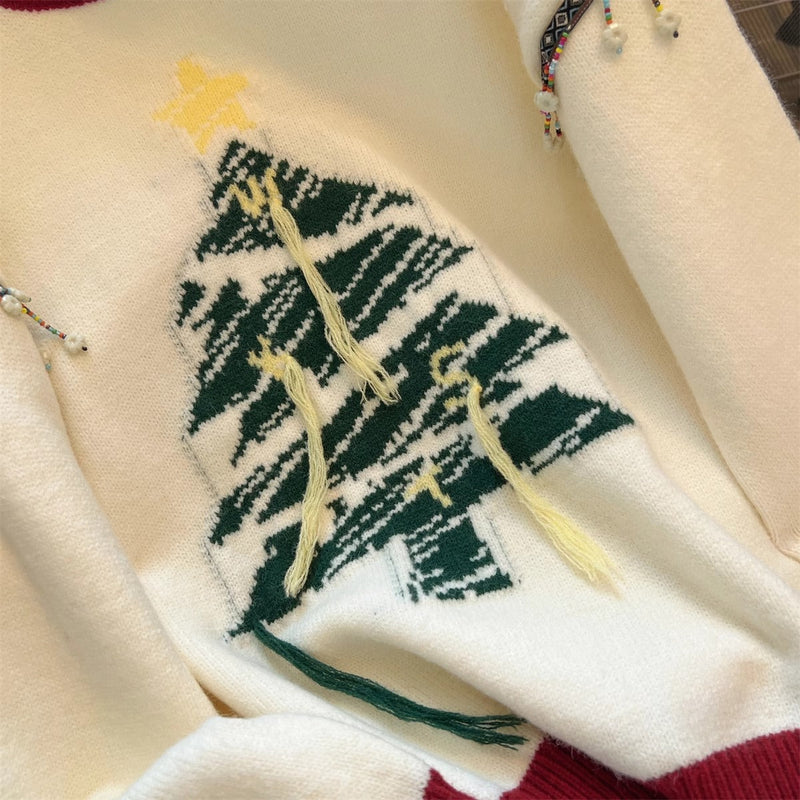 Women's Festive Knit Sweater with Fir Tree Motif and Playful Accents