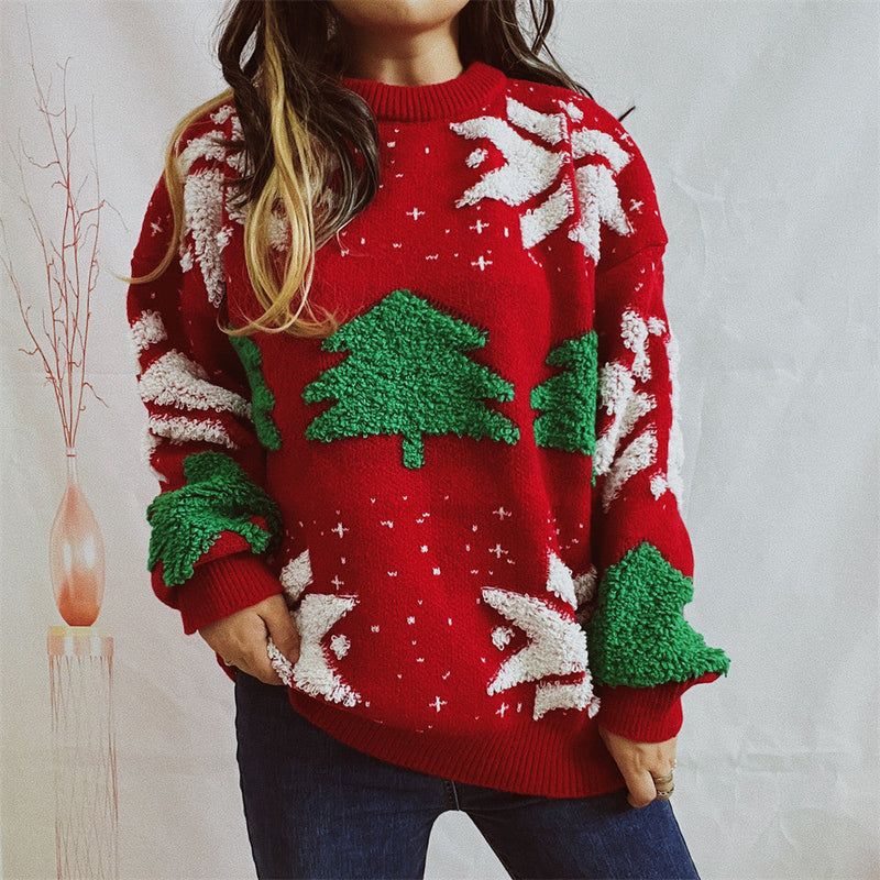 Women's Christmas Sweater with Festive Motif and Voluminous Sleeves