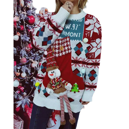 Women's Festive Sweater with Wintry Snowman Motif and Decorative Details R&B