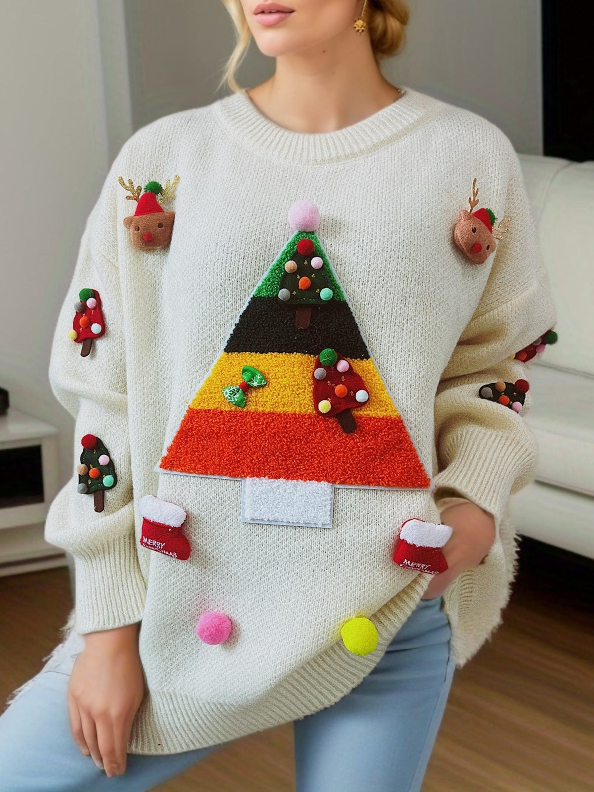 Women's Christmas Sweater with Festive 3D Motif and Decorative Appliqués