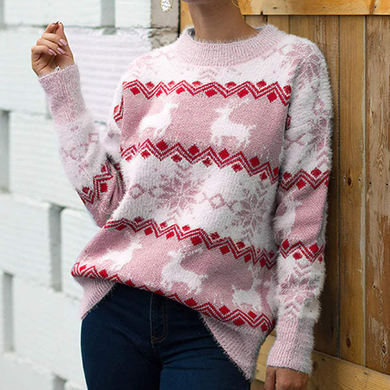 Women's Cozy Christmas Sweater with Festive Reindeer Design R&B