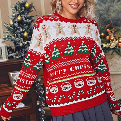 Women's Festive Knit Sweater with Christmas Motif and Crew Neck