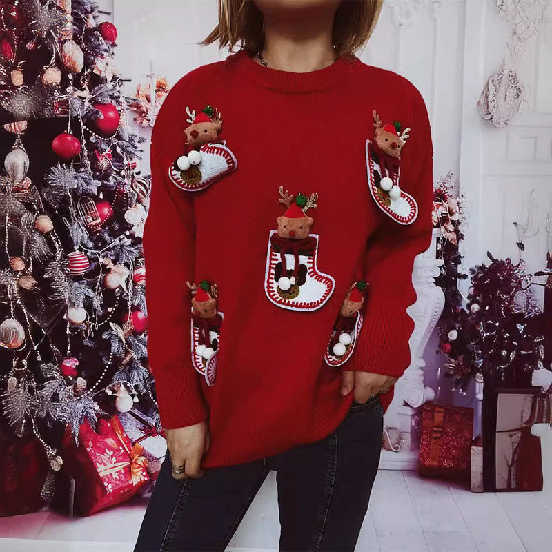 Women's Christmas Knit Sweater with Festive Reindeer Motif and 3D Details R&B
