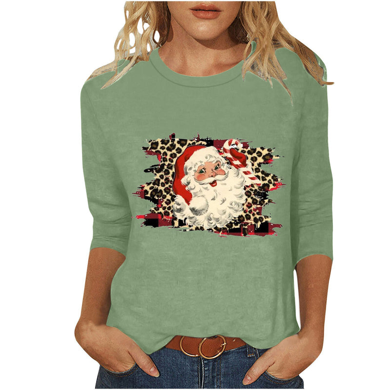 Women's Casual Sweatshirt with Retro Santa Claus Print, Leopard and Plaid Pattern and Three-Quarter Sleeves