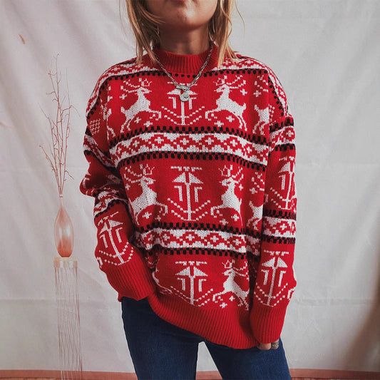 Women's Christmas Sweater in Festive Norwegian Pattern with Crew Neck R&B