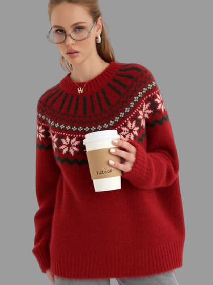 Women's Knit Sweater with Festive Norwegian Motif and Wide Cut R&B