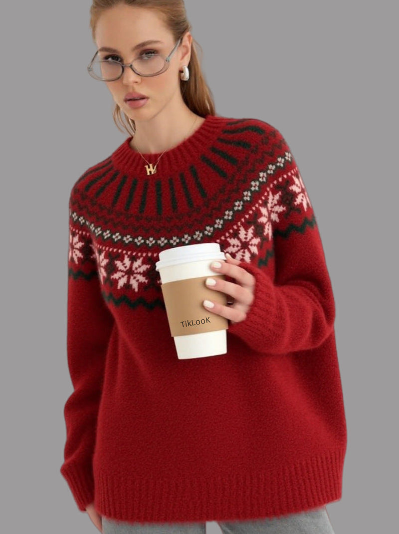 Women's Knit Sweater with Festive Norwegian Motif and Wide Cut