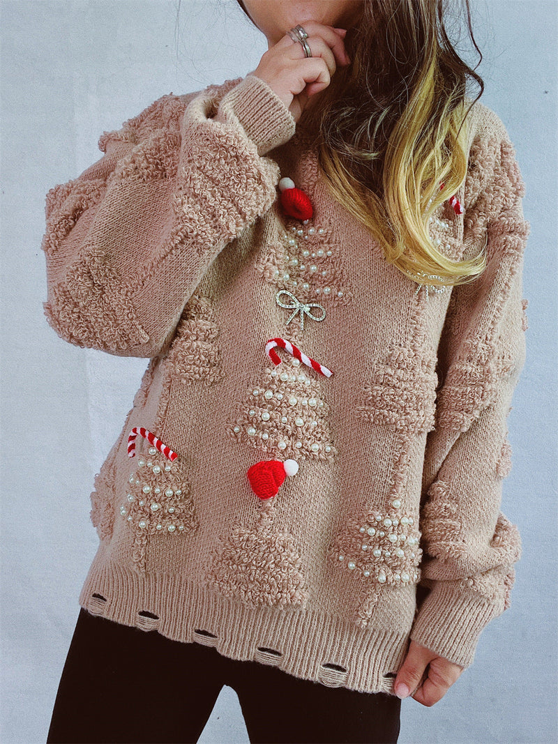 Women's Festive Sweater with Creative Christmas Motifs and Textured Design R&B