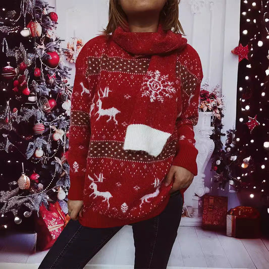 Women's Knit Sweater with Festive Reindeer Motif and High Collar R&B