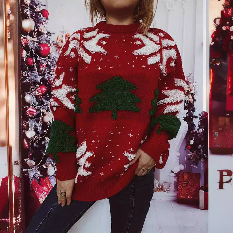 Women's Casual Sweater with Festive Winter Motif
