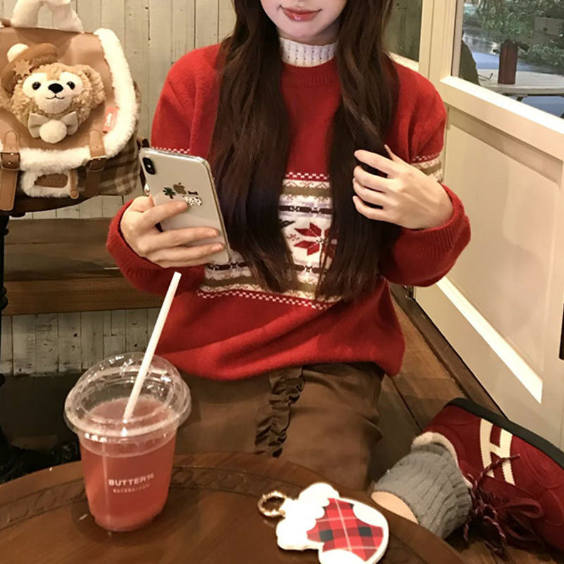 Women's Cozy Knit Sweater with Festive Pattern Mix
