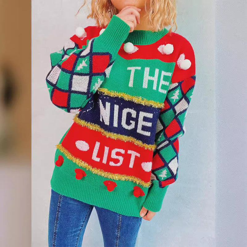 Women's Festive Sweater with Colorful Appliqués and Playful Design
