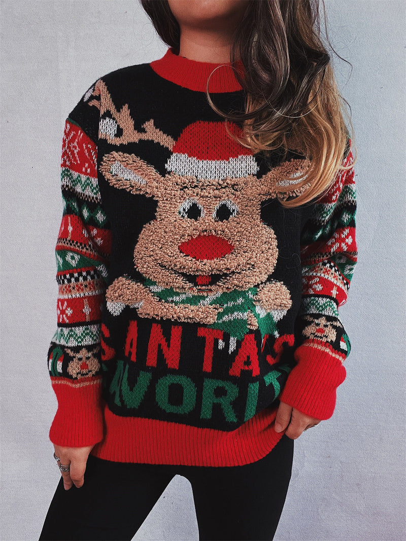 Women's Christmas Sweater with Festive Reindeer Motif and Colorful Patterns R&B