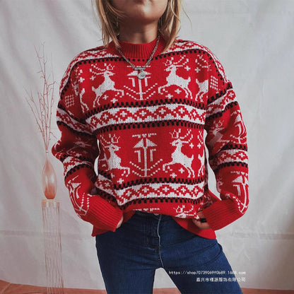 Women's Christmas Sweater in Festive Norwegian Pattern with Crew Neck R&B