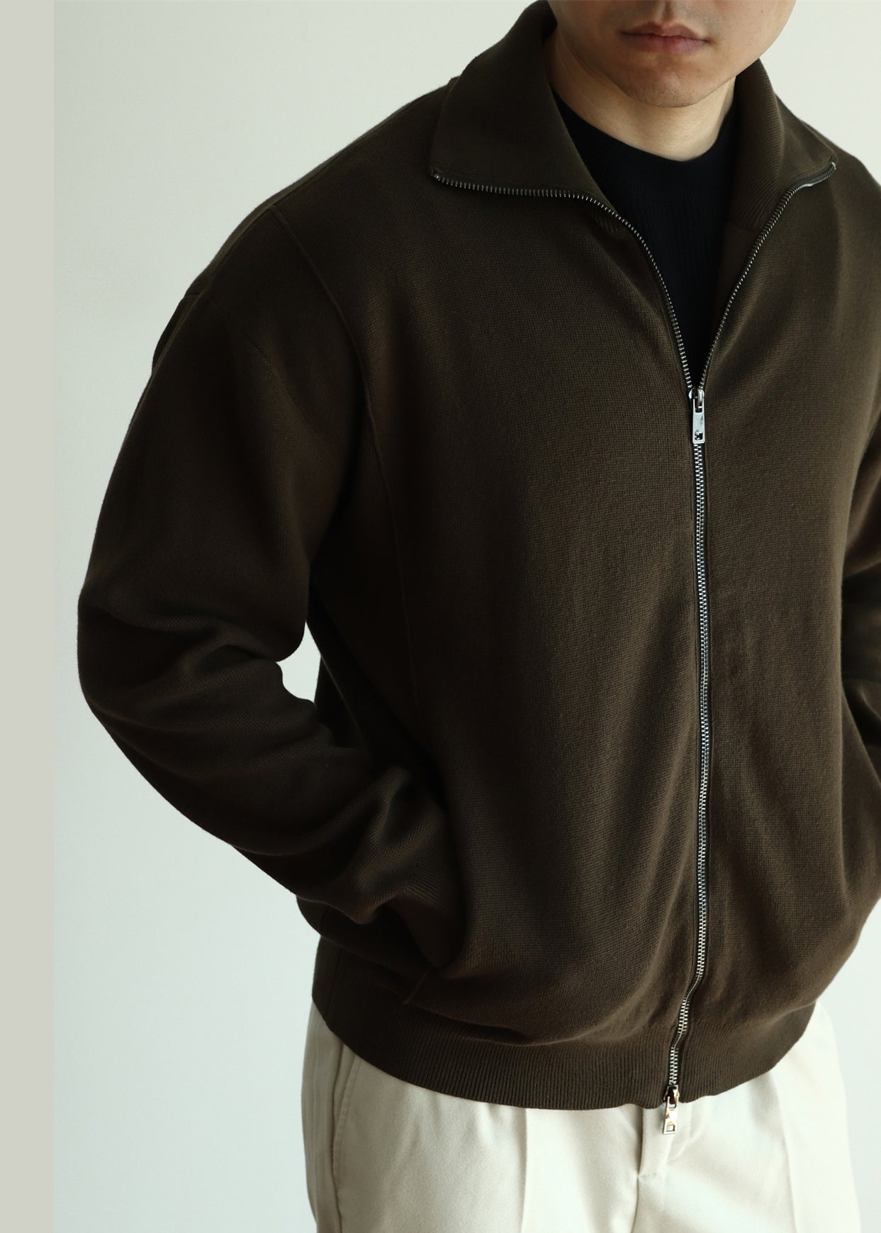 Olive Green Zip Up Cozy Knit Fall Coat Stand Collar