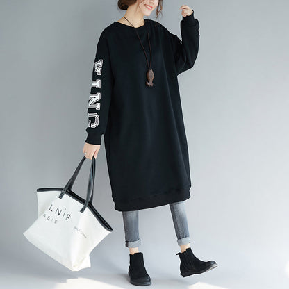 Omychic Black Cotton Dress Spring O Neck Gown Alphabet Prints Cotton Clothing Dress