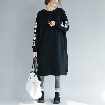 Omychic Black Cotton Dress Spring O Neck Gown Alphabet Prints Cotton Clothing Dress