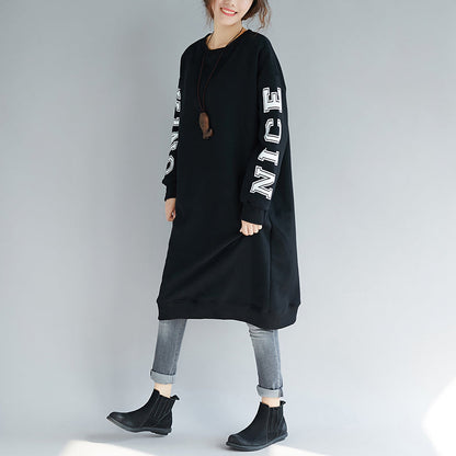 Omychic Black Cotton Dress Spring O Neck Gown Alphabet Prints Cotton Clothing Dress