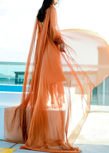 Orange Backless Chiffon Spring Maxi Dresses V Neck