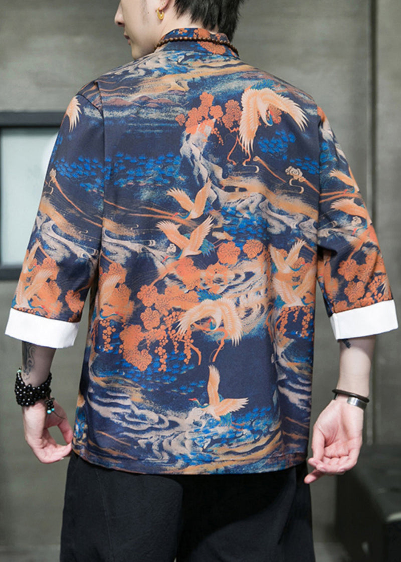 Orange Button Ice Silk Shirt Stand Collar Fall