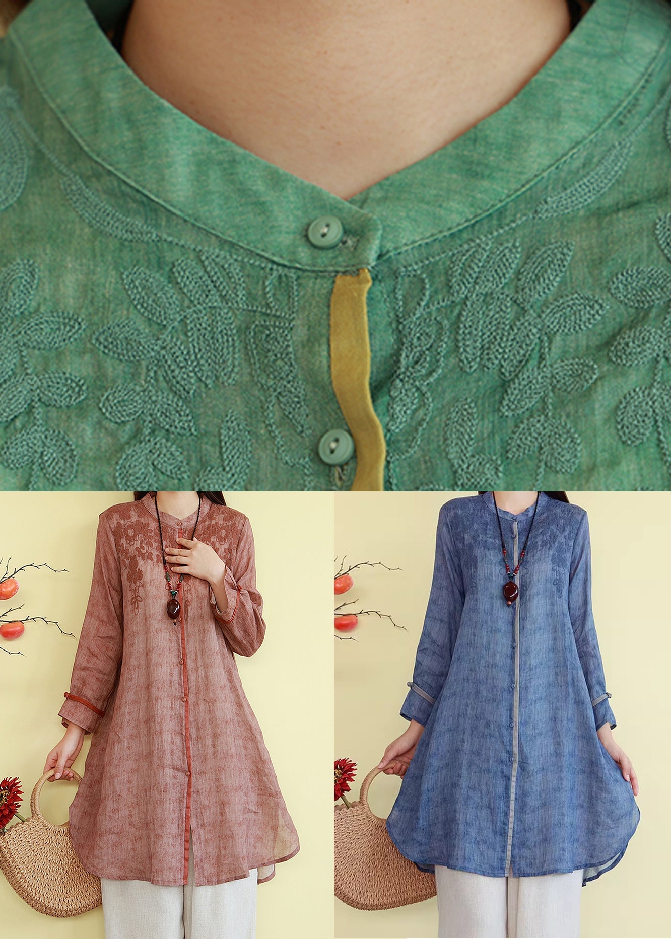 Orange Button Linen Loose Fall Shirts O-Neck