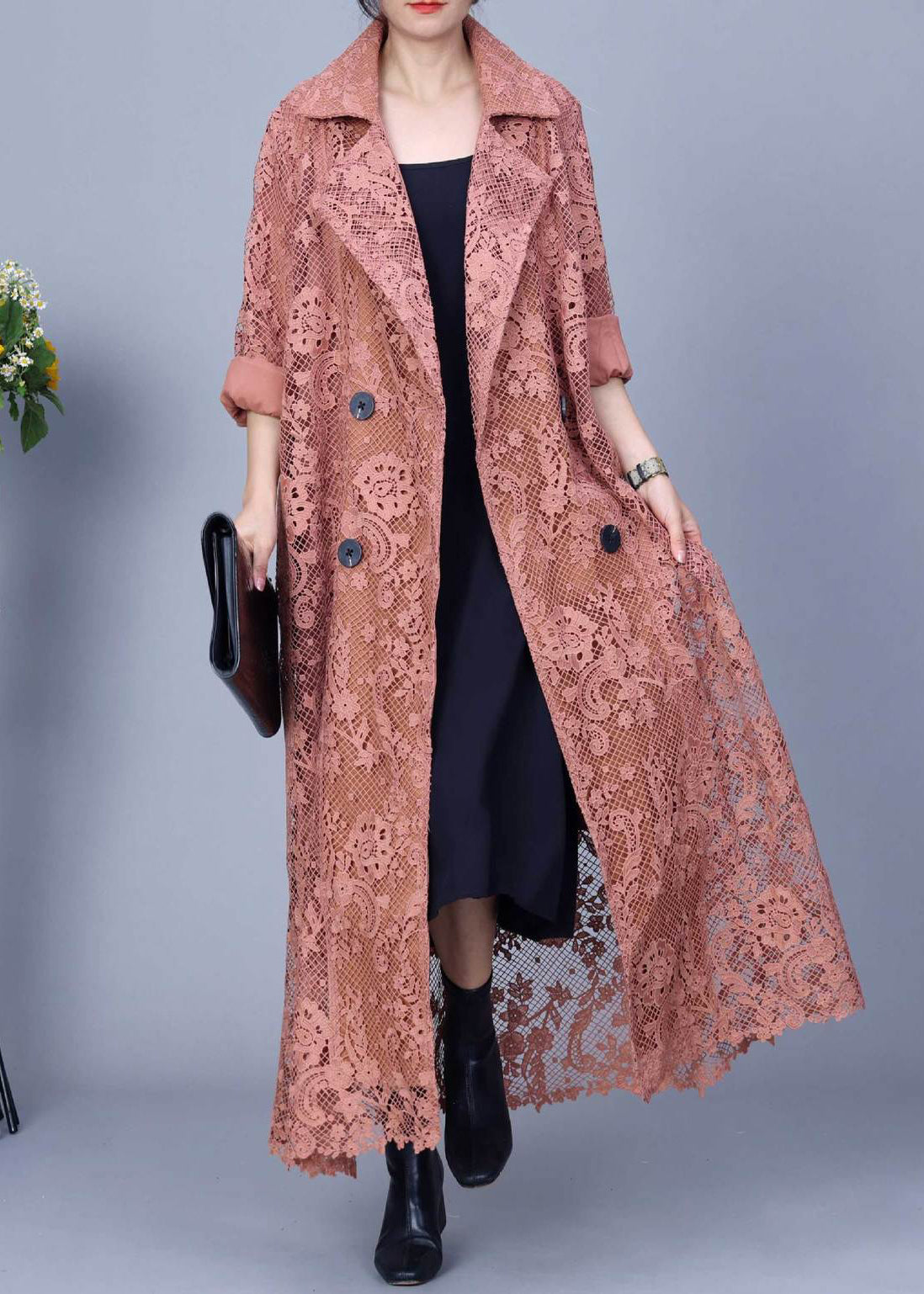 Orange Button Pockets Long Trench Coat Embroidered Spring