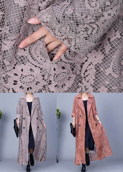 Orange Button Pockets Long Trench Coat Embroidered Spring