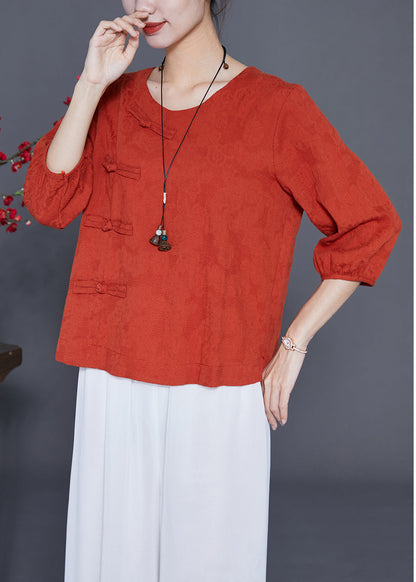 Orange Cotton Blouse Tops O-neck Chinese Button Bracelet Sleeve