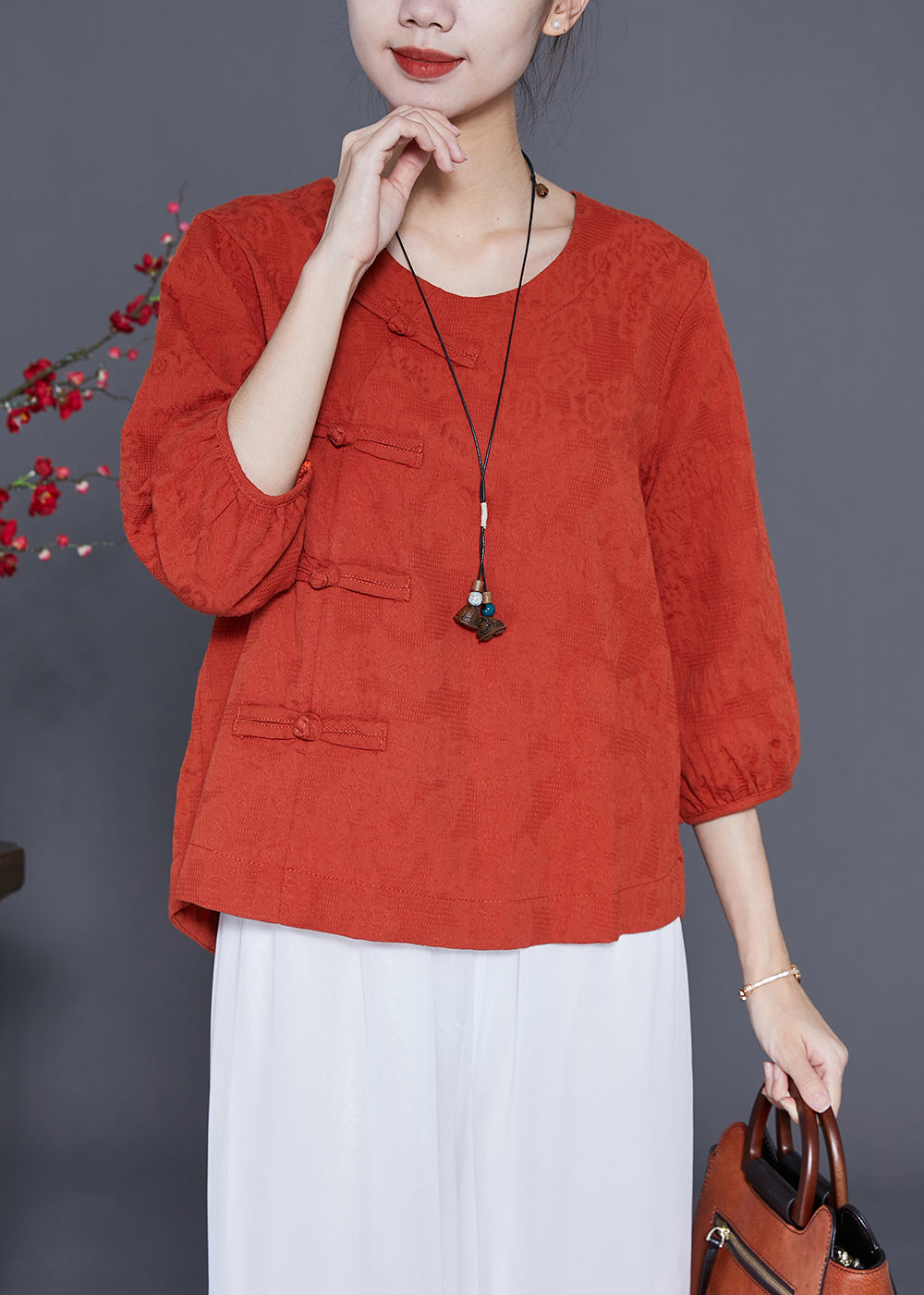 Orange Cotton Blouse Tops O-neck Chinese Button Bracelet Sleeve