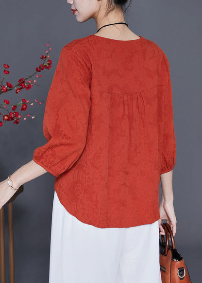Orange Cotton Blouse Tops O-neck Chinese Button Bracelet Sleeve