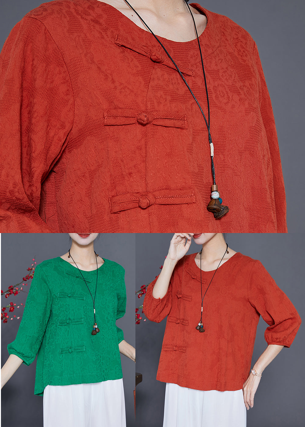 Orange Cotton Blouse Tops O-neck Chinese Button Bracelet Sleeve