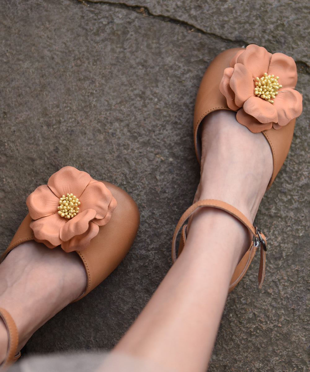 Orange Flat Sandals Cowhide Leather Comfy Splicing