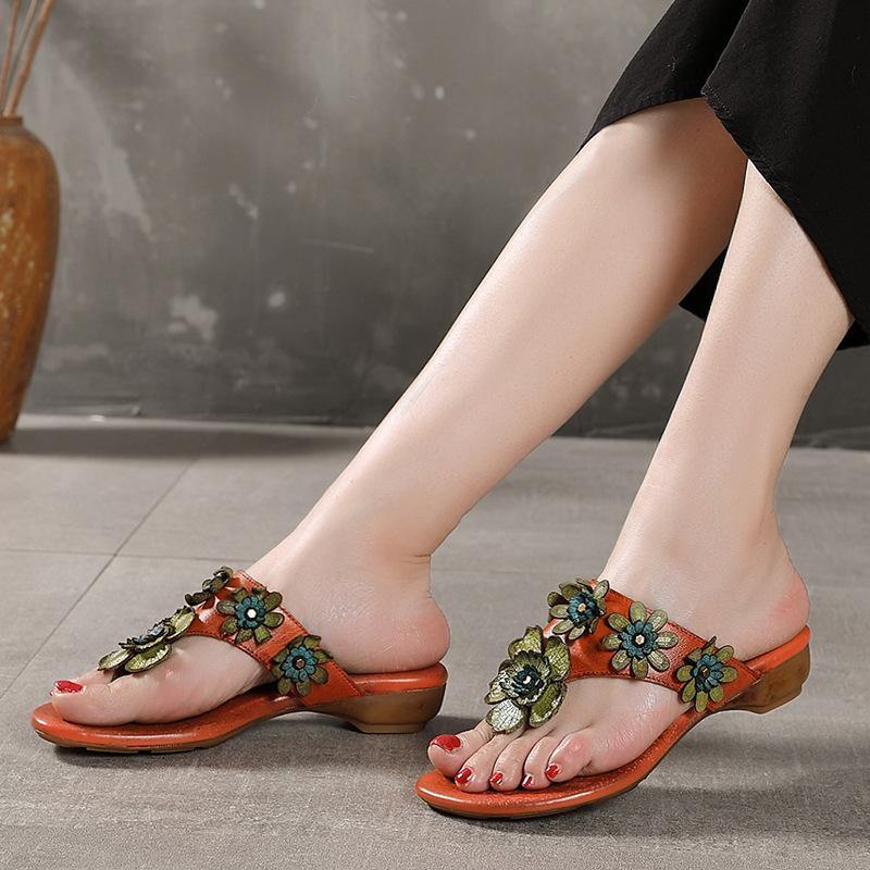 Orange Cowhide Leather Thong Flip Flops