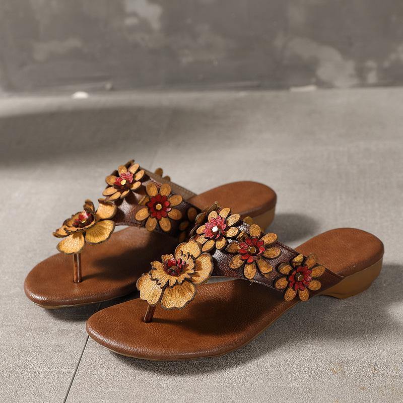 Orange Cowhide Leather Thong Flip Flops