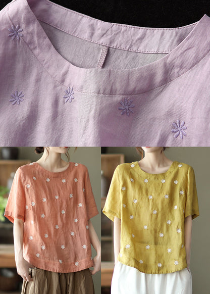Orange Embroideried Linen Blouses Top Short Sleeve