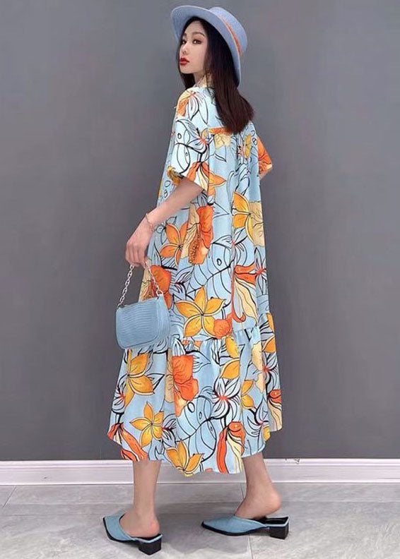 Orange Print Patchwork Shirt Dress Button Wrinkled Short Sleeve