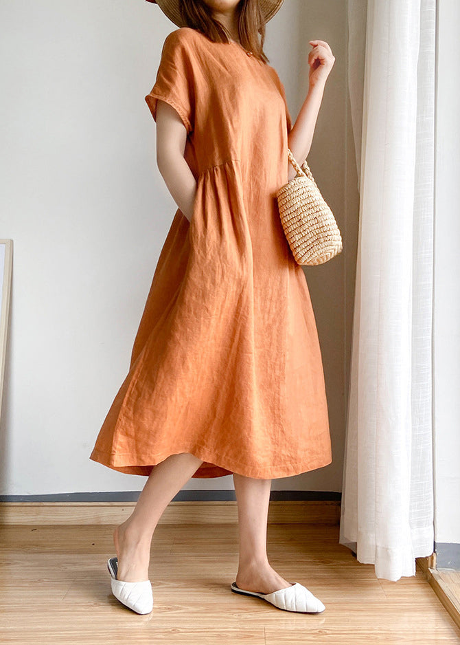 Orange Linen Blouse Top O-neck Cinched Short Sleeve