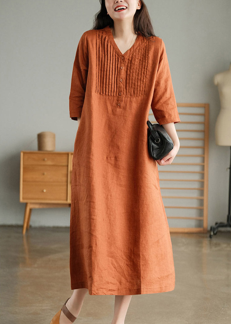 Purple Loose Linen Long Dresses Button Half Sleeve