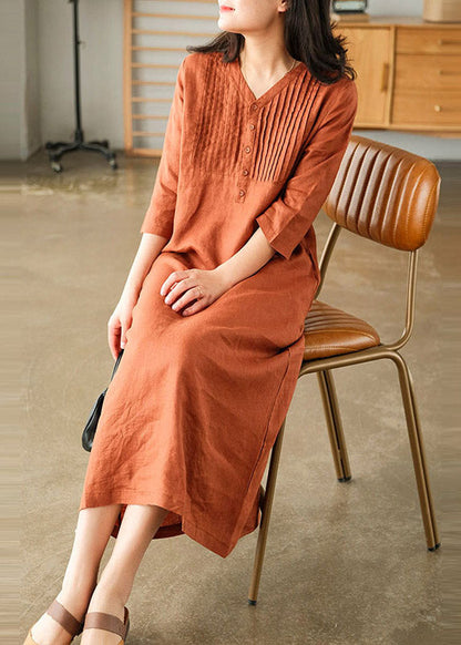 Yellow Loose Linen Long Dresses Button Half Sleeve